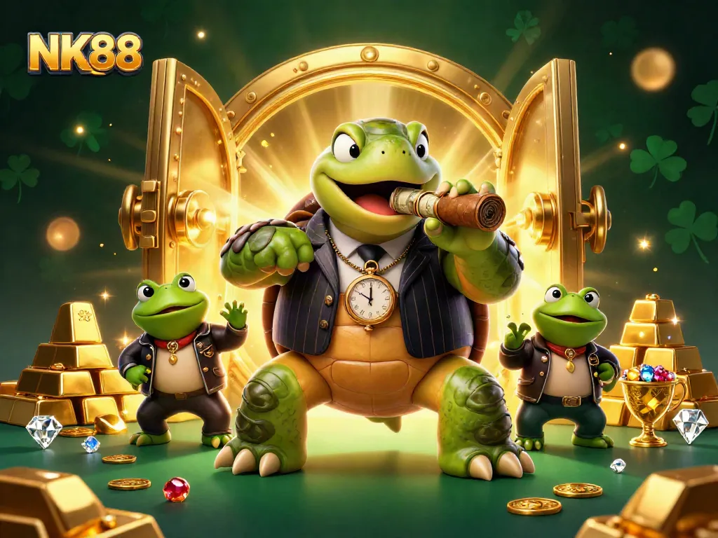 Win big with NK88 in this dynamic casino scene featuring a turtle mobster and treasure.