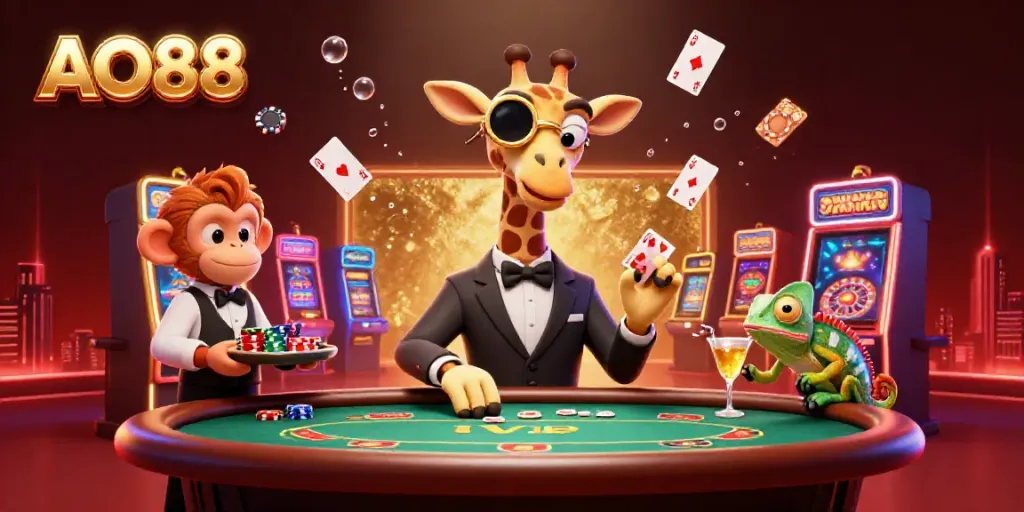 Experience the thrill of AO88 with a high-roller giraffe at a VIP poker table amidst vibrant casino lights.