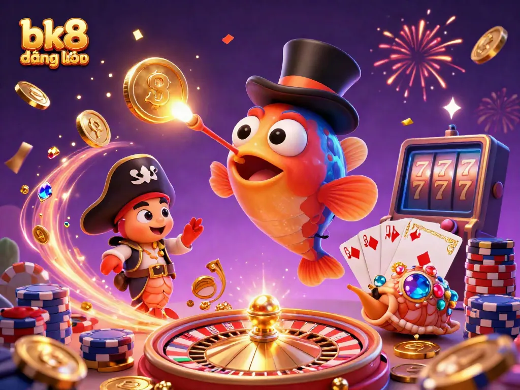 Engage with bk8 đăng nhập through this vibrant 3D scene featuring casino games, golden coins, and lavish characters.