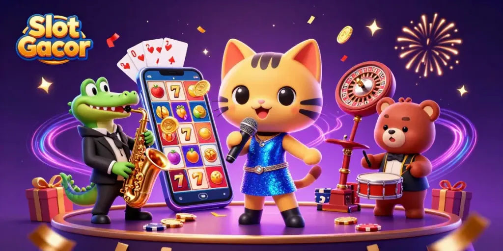 Slot Gacor meningkatkan peluang menang dengan game slot menarik dan interaktif dalam sebuah ilustrasi kasino ceria.