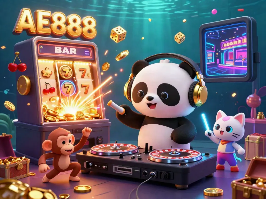 Experience the thrill of AE888 with a vibrant DJ panda and exciting casino elements in this dynamic illustration.