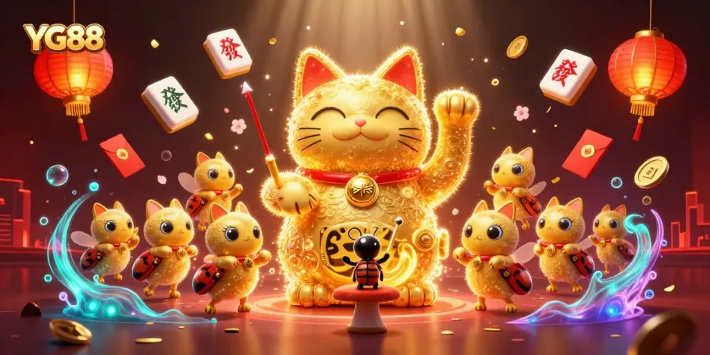 Experience YG88 with vibrant casino elements featuring a giant lucky cat and festive symbols.