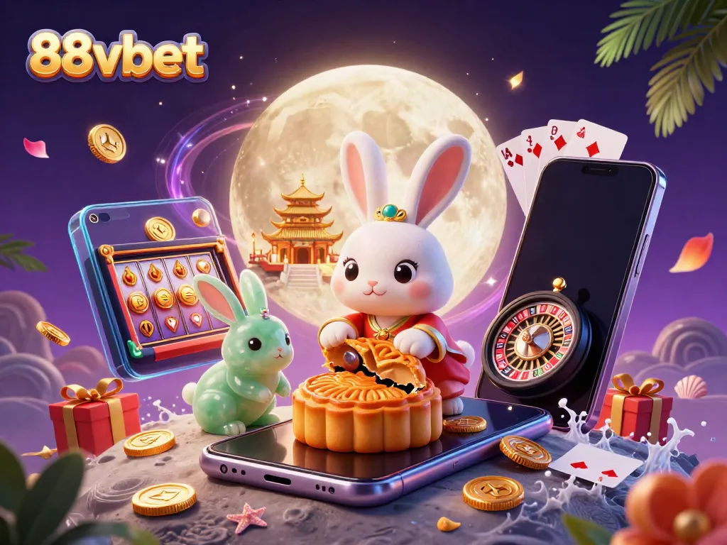 Engage with 88vbet through a vibrant casino scene of a moon rabbit surrounded by gaming elements.