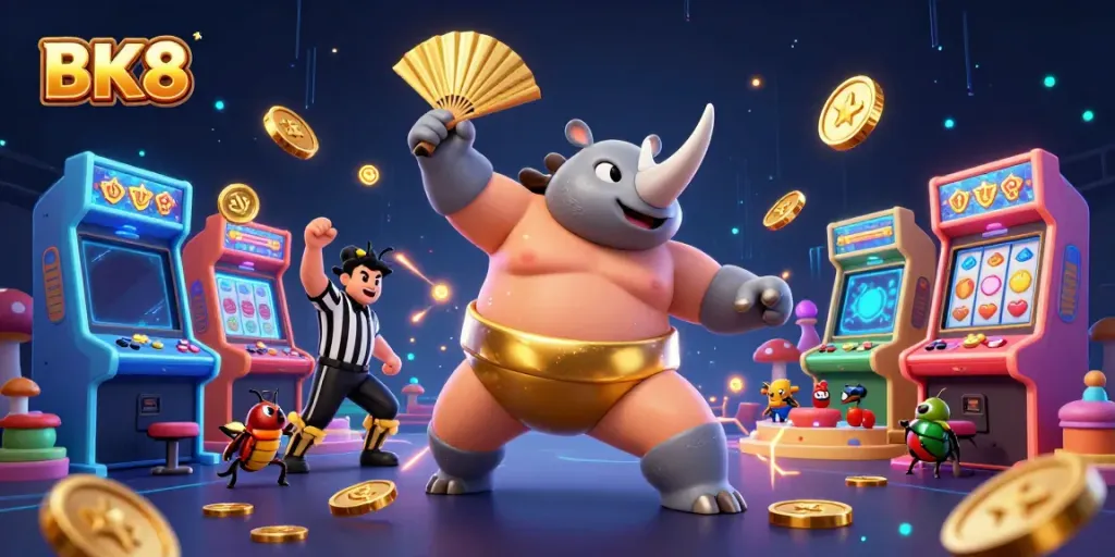 Experience the excitement at BK8 as the sumo rhinoceros beetle sends coins flying in a lively casino atmosphere.
