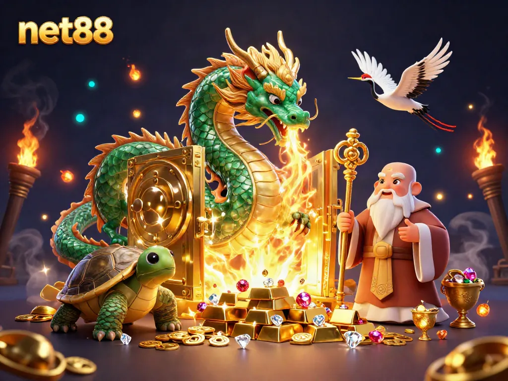 Experience thrilling wins with net88, featuring a majestic jade dragon and lucky cranes amidst treasure.