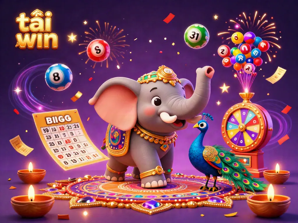 Experience the thrill of downloading tải sun win with this vibrant illustration featuring a Diwali-themed elephant and dynamic gambling elements.