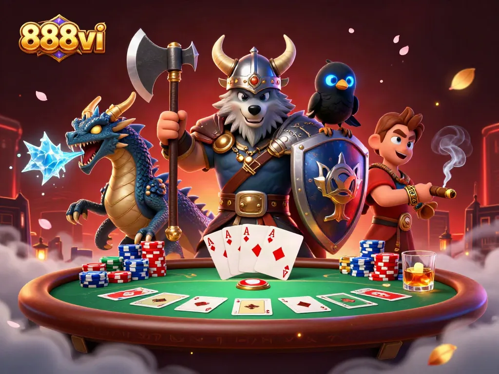Engage in thrilling casino action with 888vi's illustrated Viking wolf warrior and dragon.
