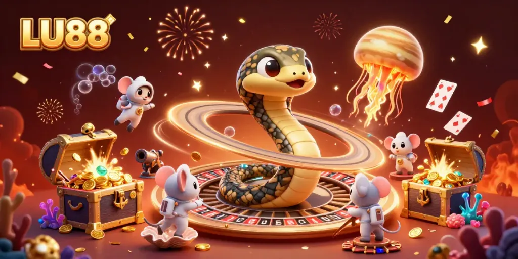 Experience LU88's vibrant cosmic roulette scene with astronaut mice betting, capturing the essence of cosmic gaming.