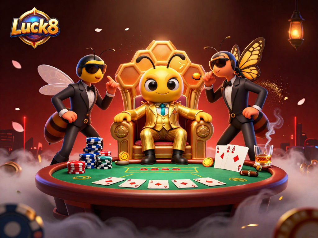 Luck8 casino poker scene showcasing a bumblebee mob boss and wasp bodyguards with vibrant game elements.