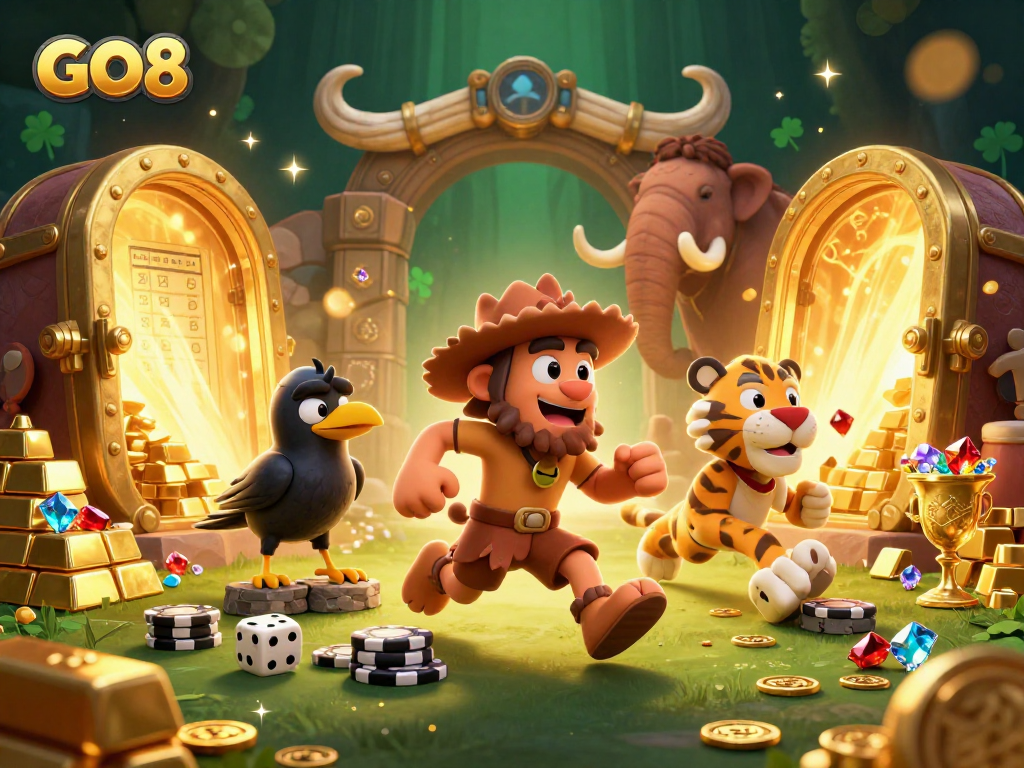 Immerse in the GO8 casino adventure as cavemen and a tiger run a prehistoric casino filled with treasures.