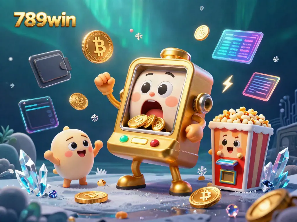 Experience the excitement of 789win with a lively jackpot celebration from a golden slot machine amidst vibrant crypto elements.
