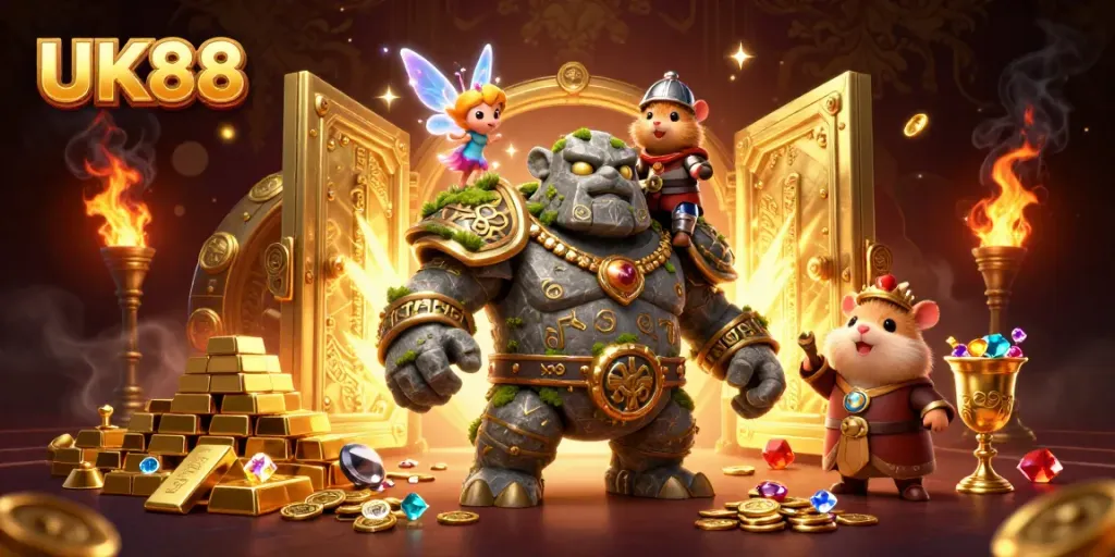 Join the thrill of gaming at UK88 with characters amidst treasures in an enchanting casino scene.