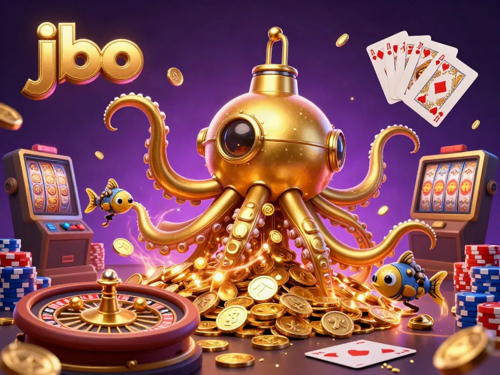 Engage with jbo's thrilling gaming world featuring a magical golden kraken submarine amid cascading coins and vibrant slots.