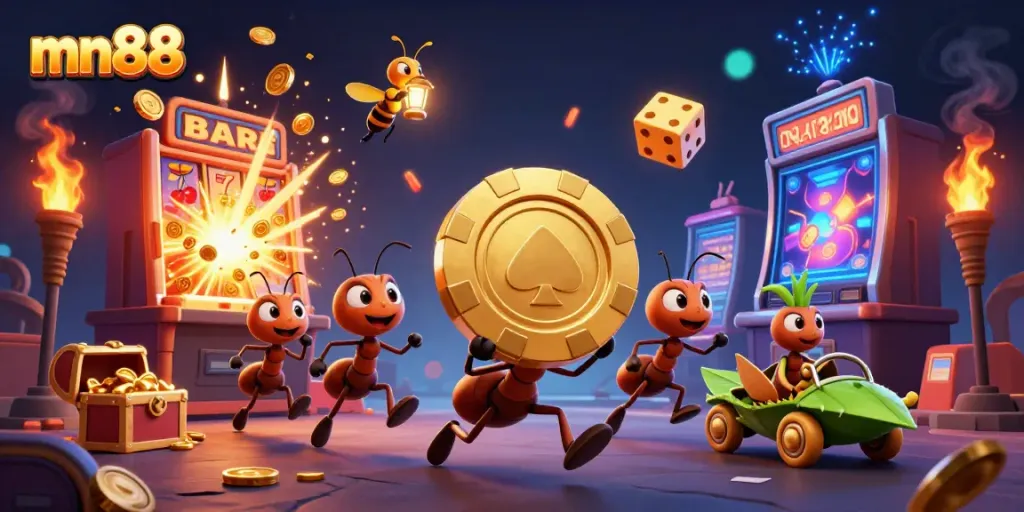 Experience thrilling fun at mn88 with a daring heist scene featuring 3D ants, casino elements, and more!