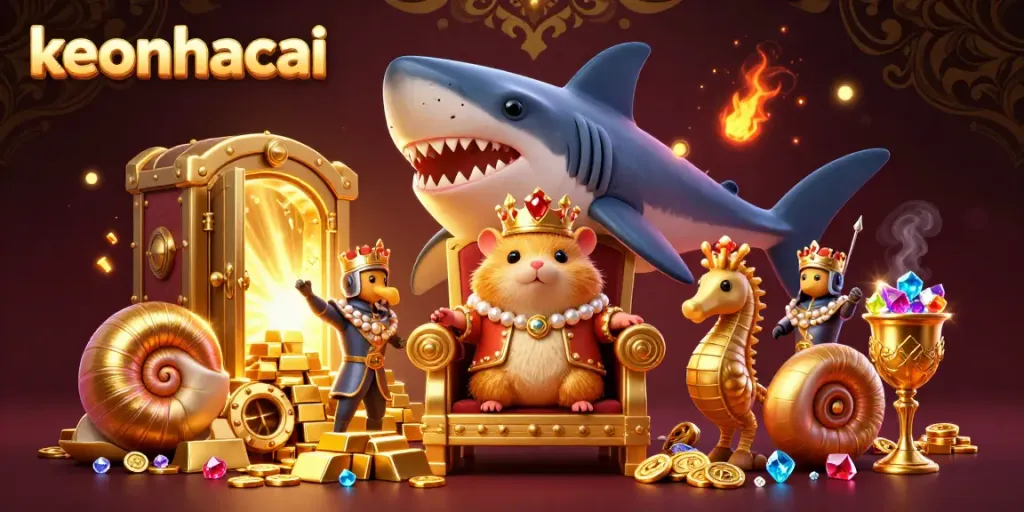 Experience thrilling betting excitement with keonhacai, featuring dynamic 3D illustration of a golden hamster king and treasure.