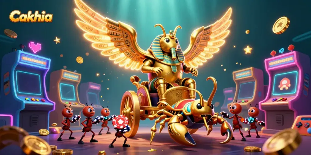 Cakhia engages viewers with a vibrant scene highlighting a stunning pharaoh beetle theme, rich in colors and casino elements.