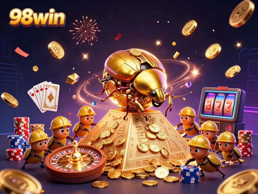 Spin to win at 98win with vibrant casino elements and a joyful golden beetle theme.