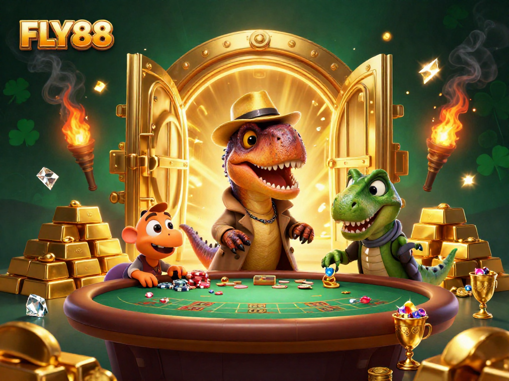 Experience the thrilling FLY88 casino adventure with a clever velociraptor counter at the blackjack table.