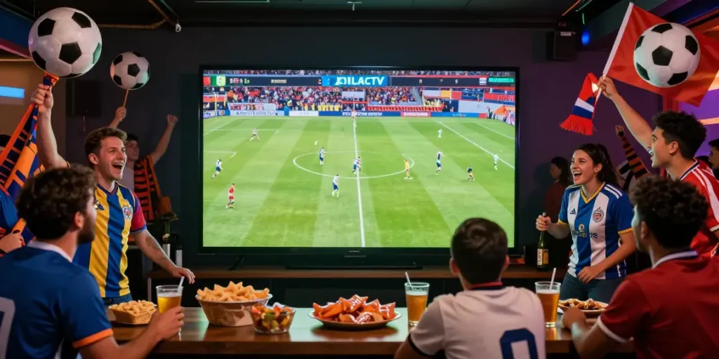 Excited football fans enjoying a live match on XOILACTV with vibrant decorations.