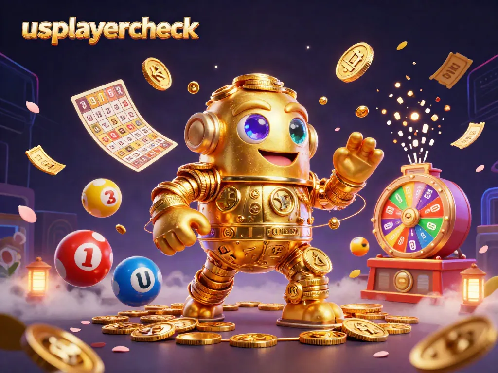 usplayercheck displays a vibrant casino scene featuring a golden golem surrounded by colorful games and rich symbols.