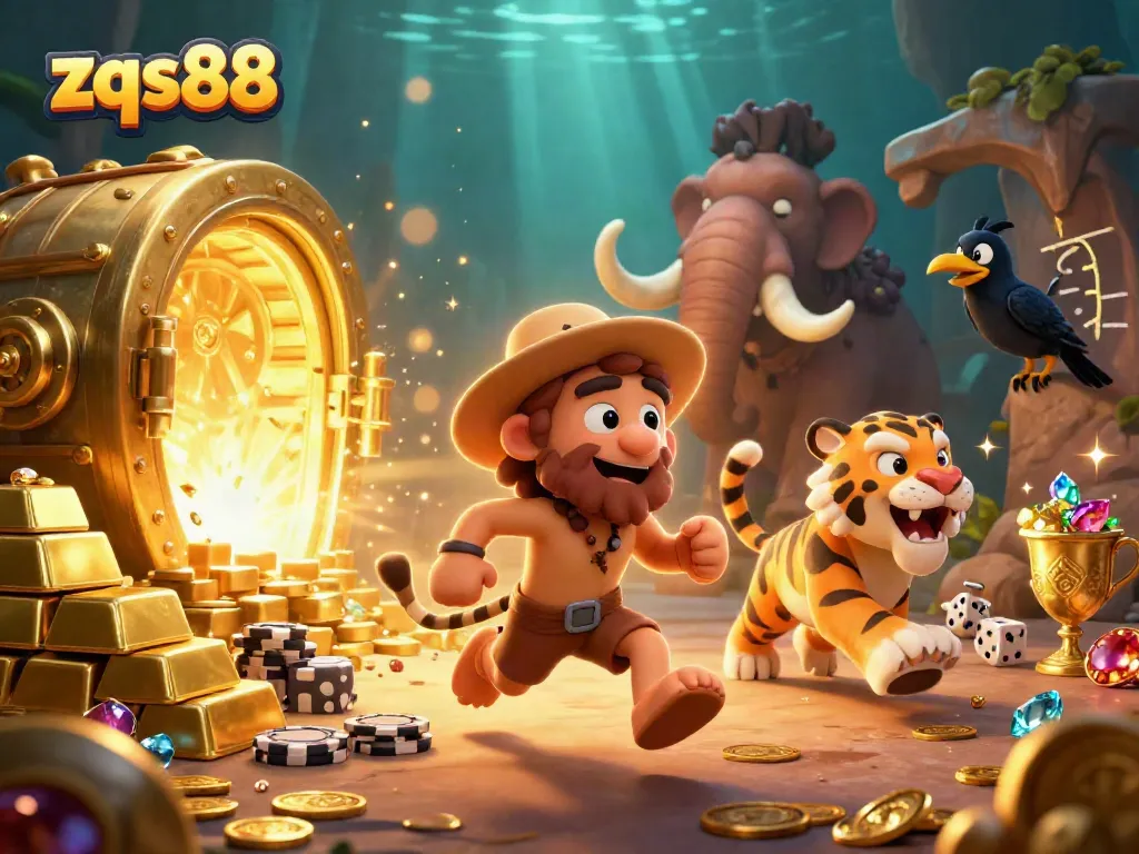 Engage in thrilling gameplay at zqs88's vibrant prehistoric casino featuring energetic characters and treasure.