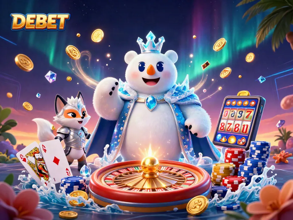 Experience the thrill of gambling with DEBET as cartoon characters celebrate a colorful casino scene.