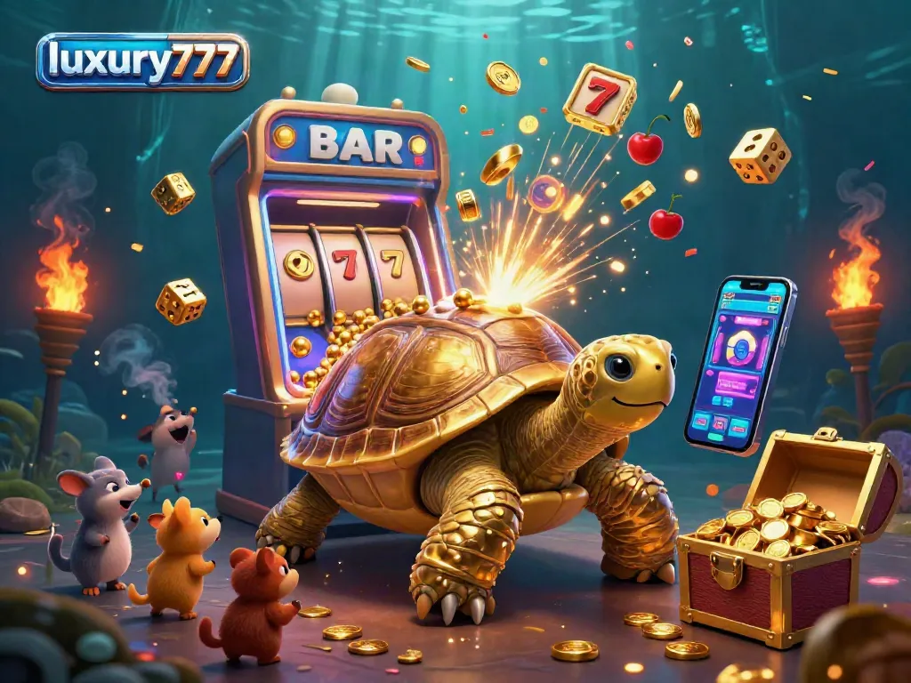 Experience thrilling gameplay at luxury777 with a colossal tortoise pinball machine surrounded by casino excitement.
