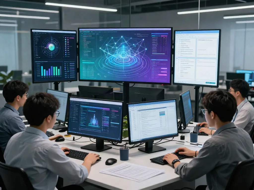 Configuration review in a high-tech cybersecurity office featuring analysts and digital security tools.