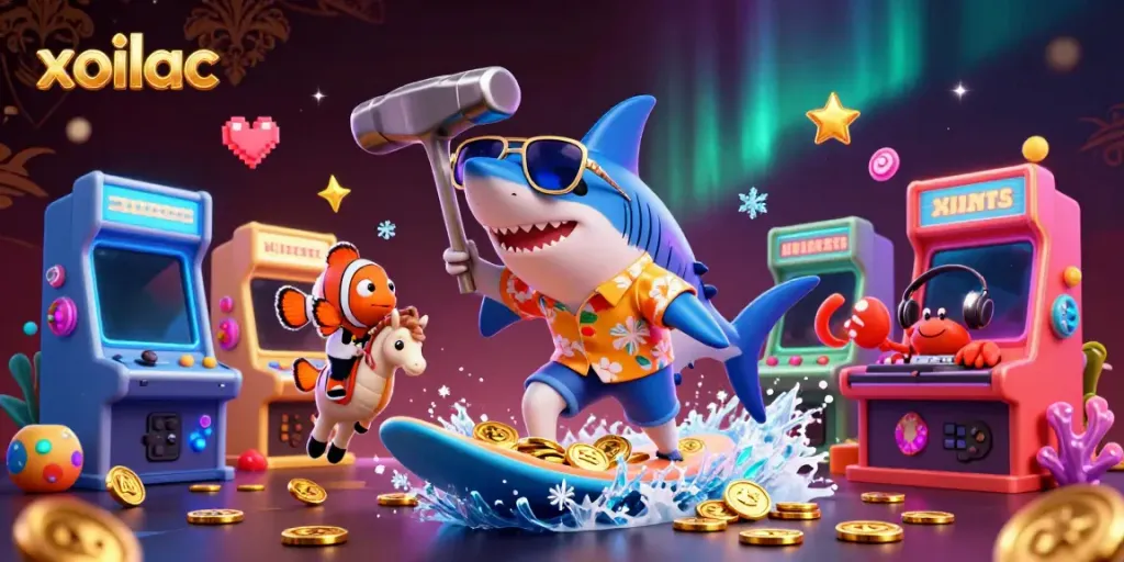 Xoilac's interactive casino adventure features a shark surfer and vibrant gaming characters.