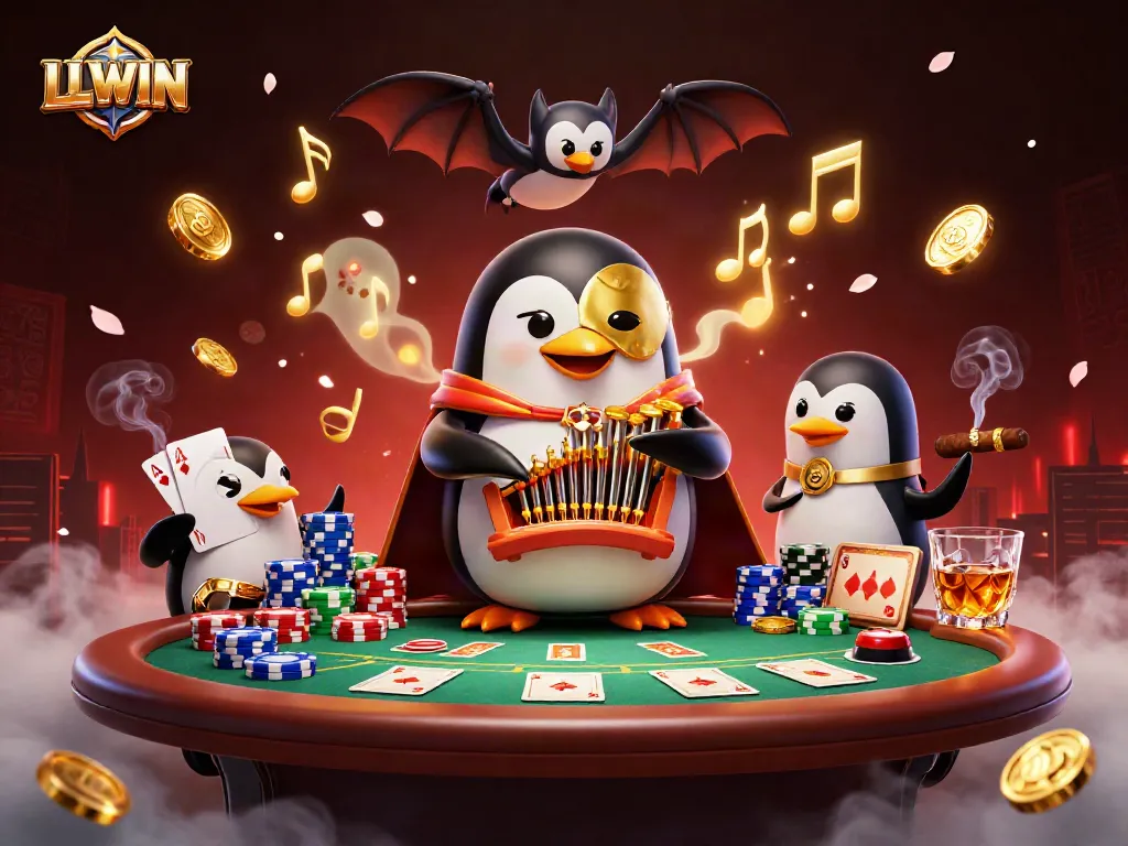 Experience LLWIN with an ultra-detailed 3D illustration of a penguin playing a pipe organ amid coins and poker elements.