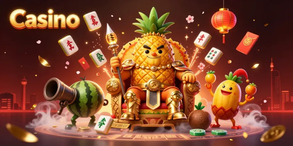 Casino scene featuring a golden pineapple king and a dynamic beach setting with colorful game elements.