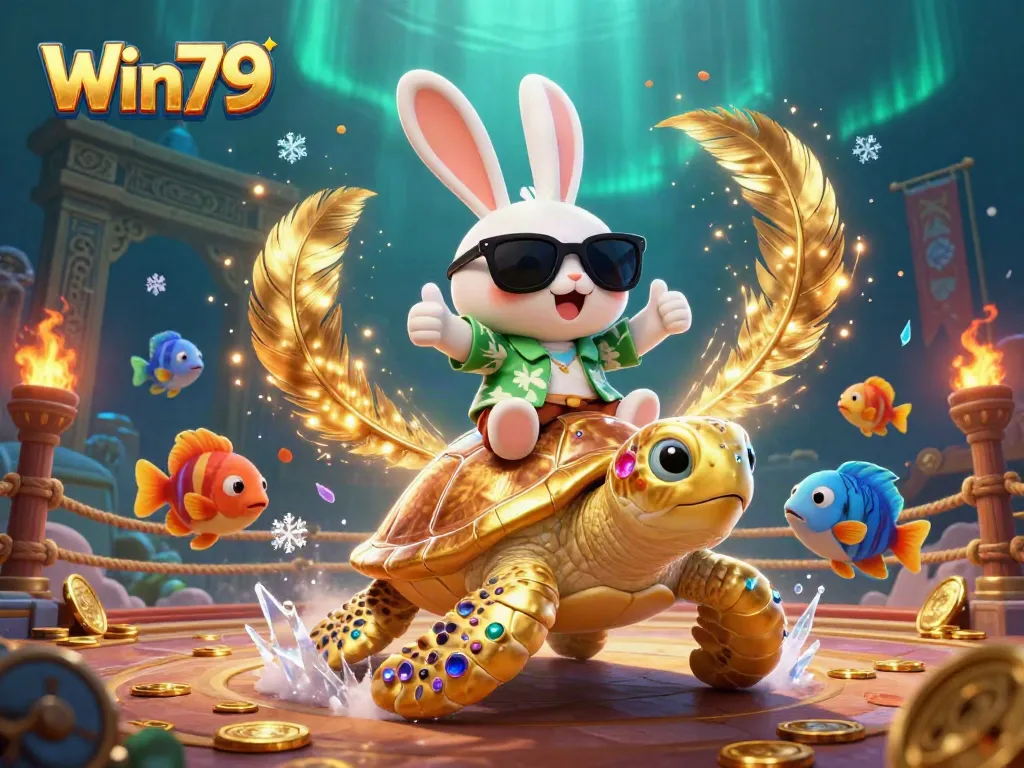 Win79 features a cartoon lucky rabbit on a golden turtle, amidst casino elements and underwater effects.
