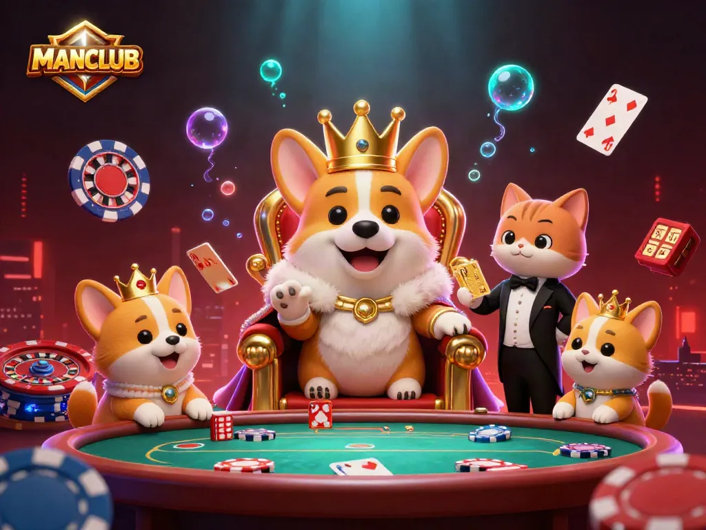 Experience MANCLUB's thrilling casino action with a royal corgi and cat butler amidst vibrant gaming symbols.
