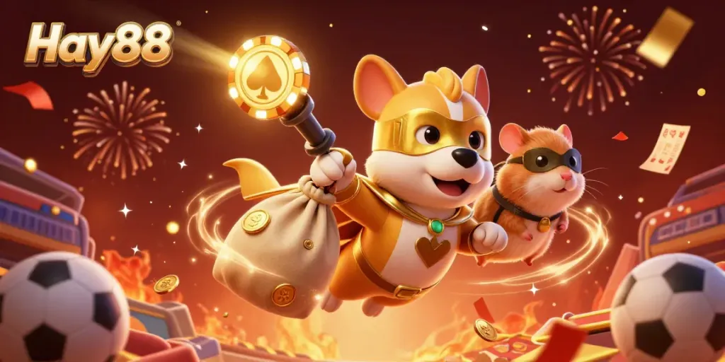 Experience thrilling sports betting with Hay88 through this vibrant illustration featuring a superhero dog.