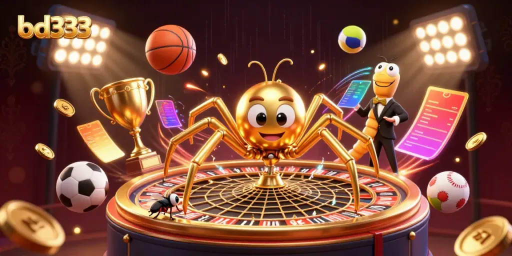 Place bets with bd333 as a golden spider spins a roulette wheel web in this vibrant casino scene.