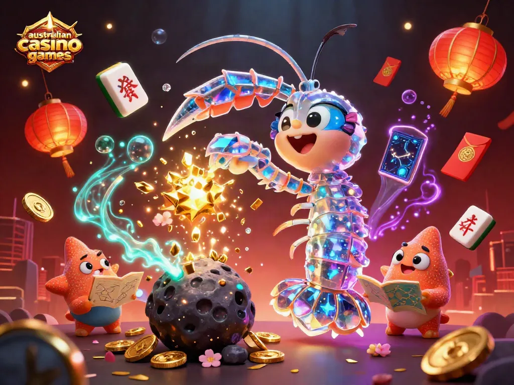 Experience thrilling australian casino games with an energetic 3D scene featuring lucky elements.