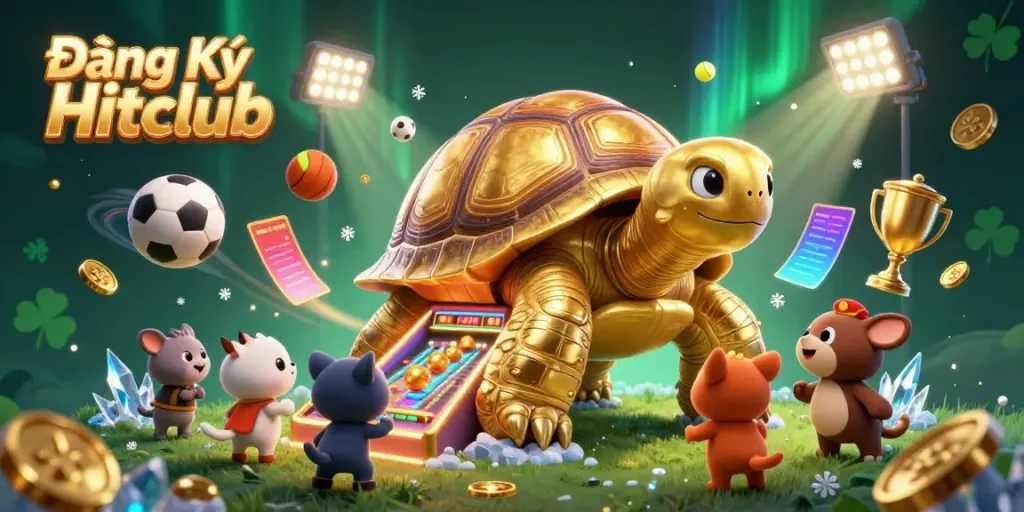 Experience the excitement of Đăng Ký Hitclub with a colossal golden tortoise pinball machine surrounded by dynamic sports elements.
