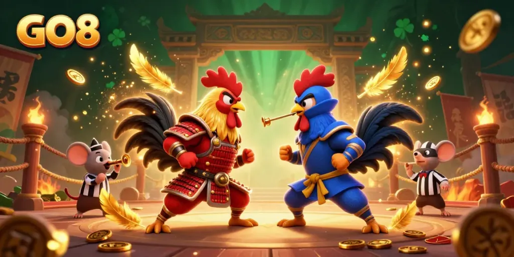 Engage with GO8's thrilling casino action, featuring two fighting roosters in a dynamic gambling arena.