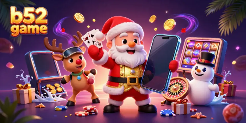 Experience the thrill of b52 game with a festive casino scene featuring Santa, his reindeer, and a snowman.