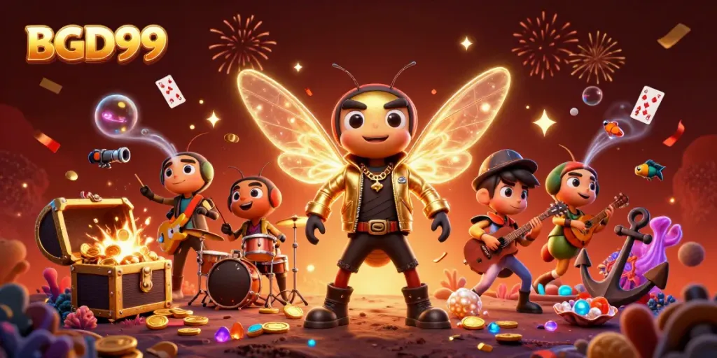 Experience thrilling action with BGD99 as a cicada rock star and friends celebrate in a vibrant casino scene.