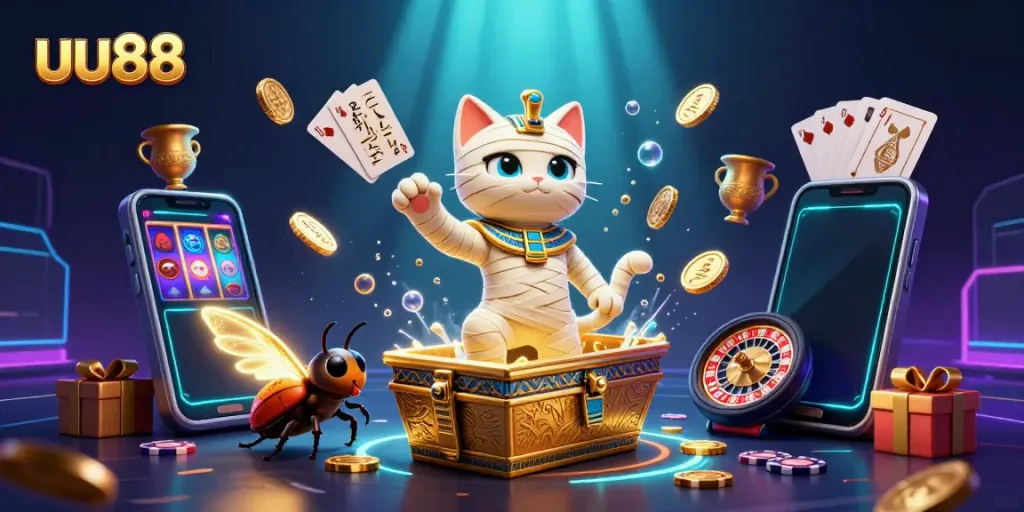 Experience thrilling moments at uu88, where a golden sarcophagus reveals an Egyptian mummy cat in a vibrant casino.
