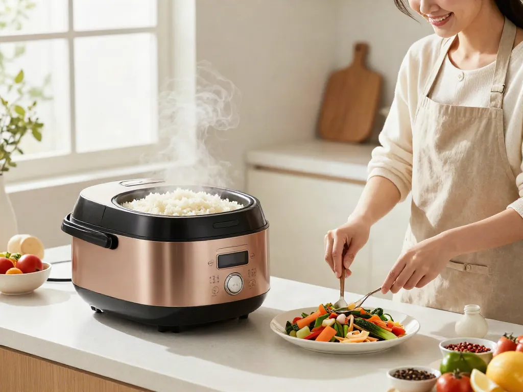 Rice Cooker steaming fresh rice in a sunny kitchen with vibrant ingredients.