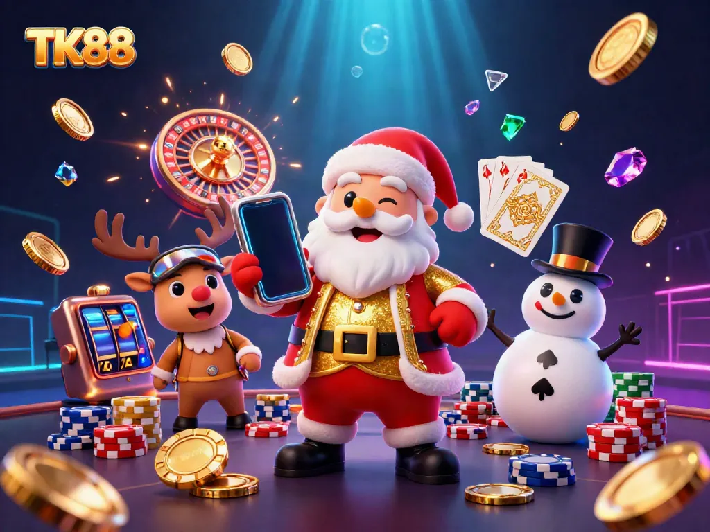 Experience the excitement with TK88 featuring Santa, a reindeer dealer, and a poker chip snowman in a vibrant casino scene.