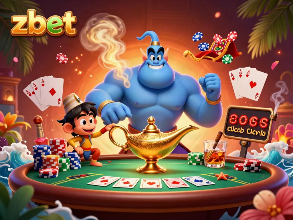 Experience thrilling zbet gaming action with a magical genie, poker elements, and vibrant casino atmosphere.