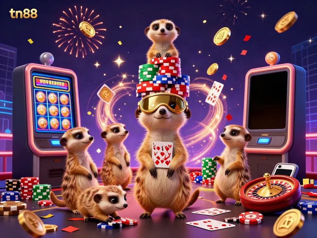 Engage with tn88 excitement in a colorful 3D meerkat casino showdown with vibrant slot games and lively action.