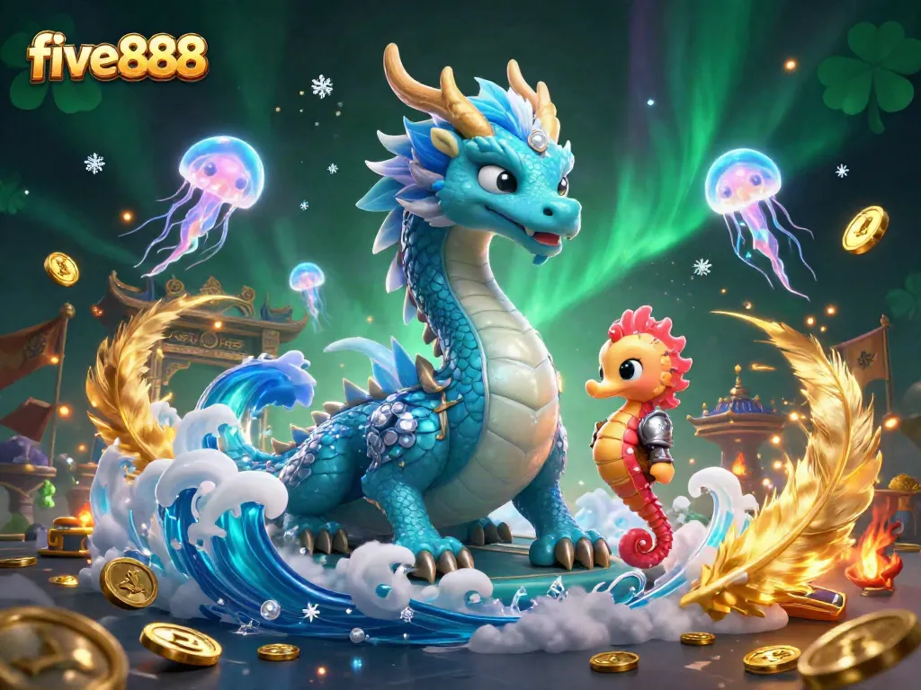 Join the adventure at five888, where the azure water dragon and seahorse knight explore vibrant casino treasures.