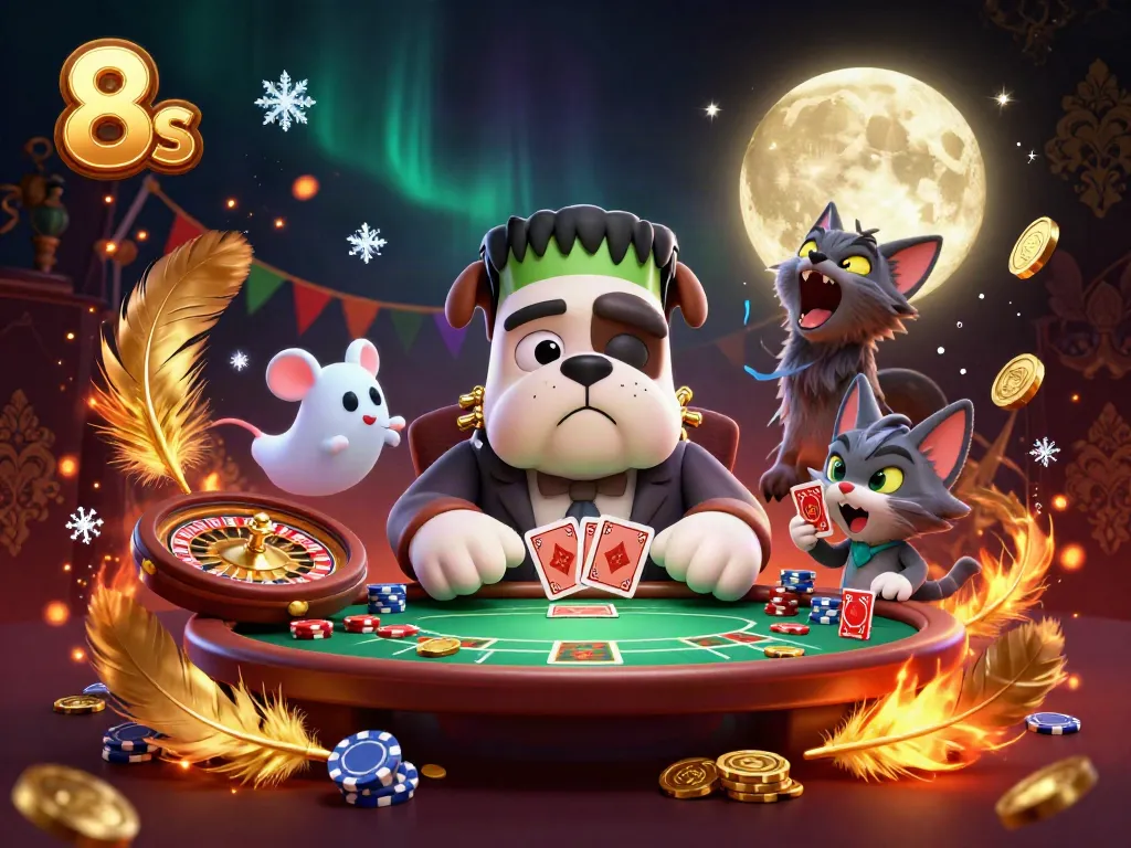 Experience thrilling casino action with 8s characters in an animated card game scene.