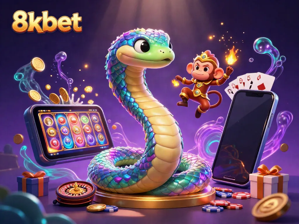 Play the vibrant 3D slot game experience with 8xbet featuring a rainbow serpent, monkey king, and magical elements.