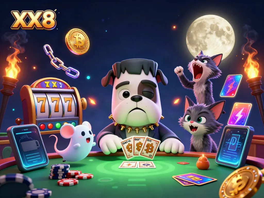 Experience the thrill of XX8 casino with a unique 3D illustration featuring lively characters and exciting game elements.