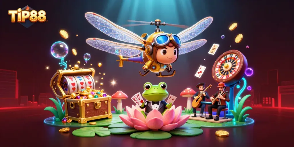 Engage in thrilling moments with TIP88 at the vibrant lily pad casino featuring lively characters.